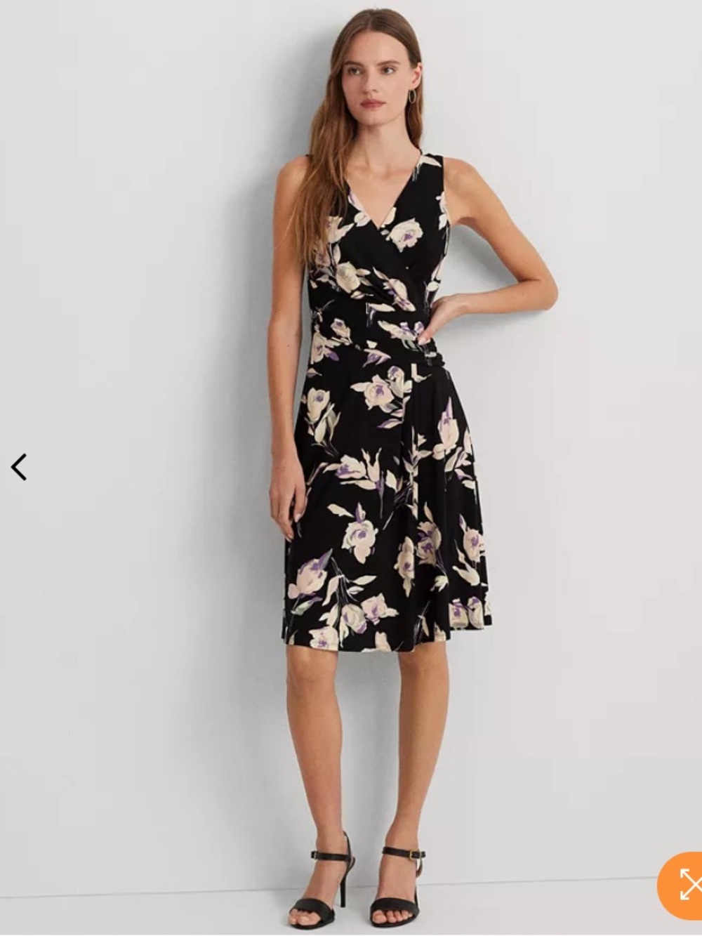 NWT Lauren Ralph Lauren Black Floral Draped Waist Sleeveless Dress - Size 16